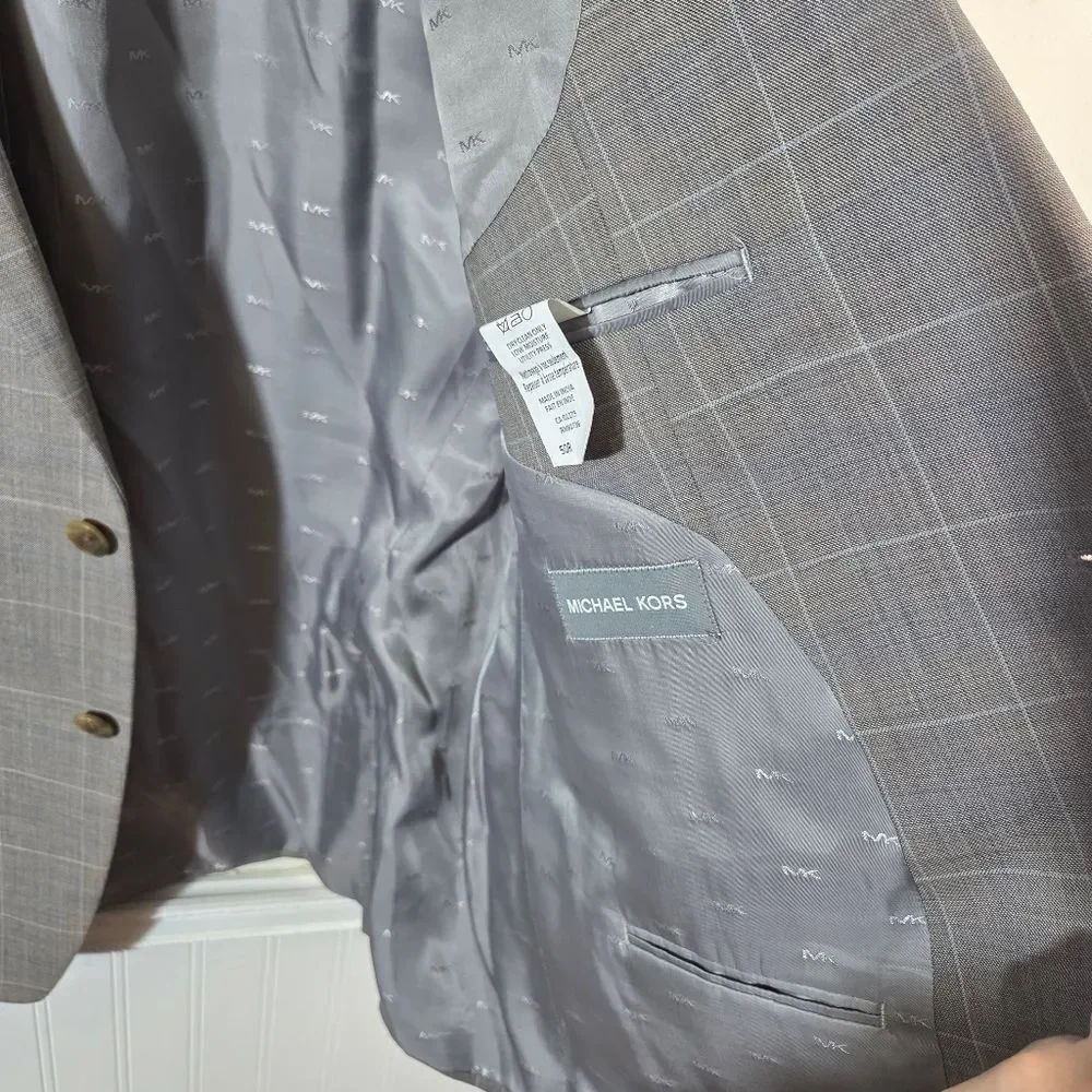 Men's Michael Kors Taupe Two Button Checkered Work Career Blazer Jacket Size 50R